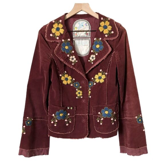 Johnny Was Jackets & Blazers - Vintage Johnny Was Joystick Floral Embroidered Burgundy Corduroy Jacket Sz Large
